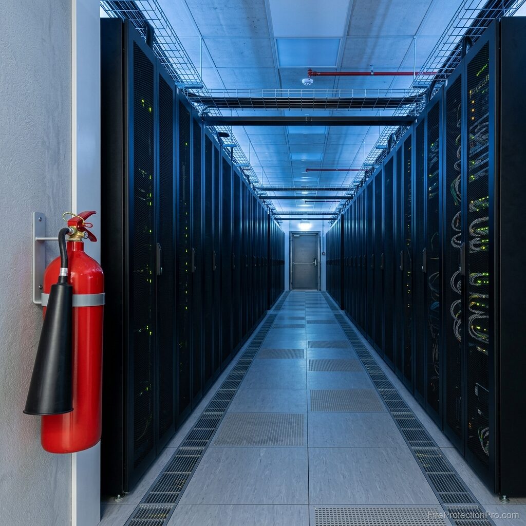 A red CO2 fire extinguisher with a large black discharge horn mounted on a wall bracket at the entrance to a data center aisle lined with black server racks under cool blue lighting